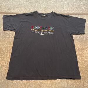 Vintage Santorini Greek Islands Embroidered Shirt Mens Medium B&C Greece 90s Y2K
